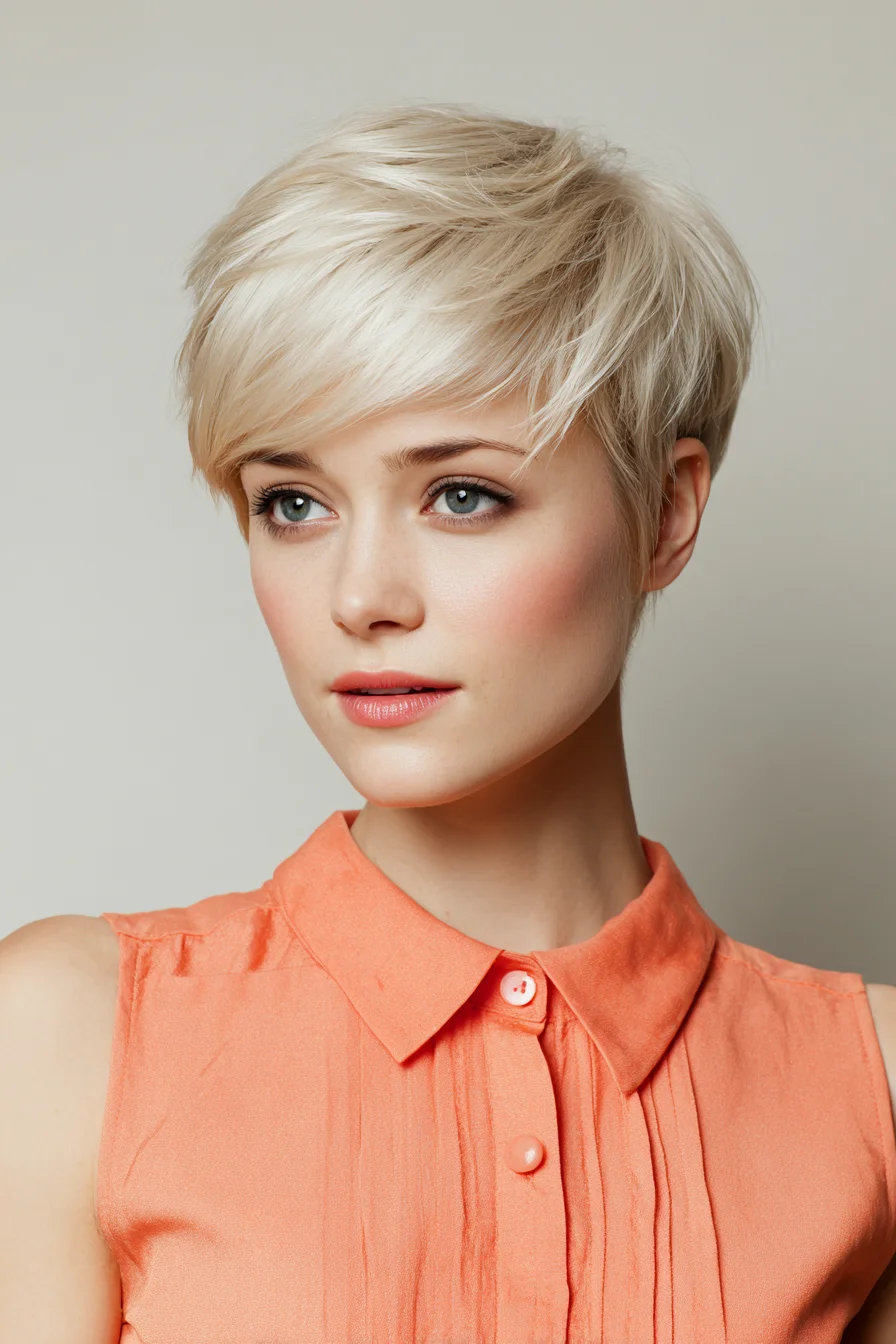 Textured Blonde Pixie with Side-Swept Fringe Cut