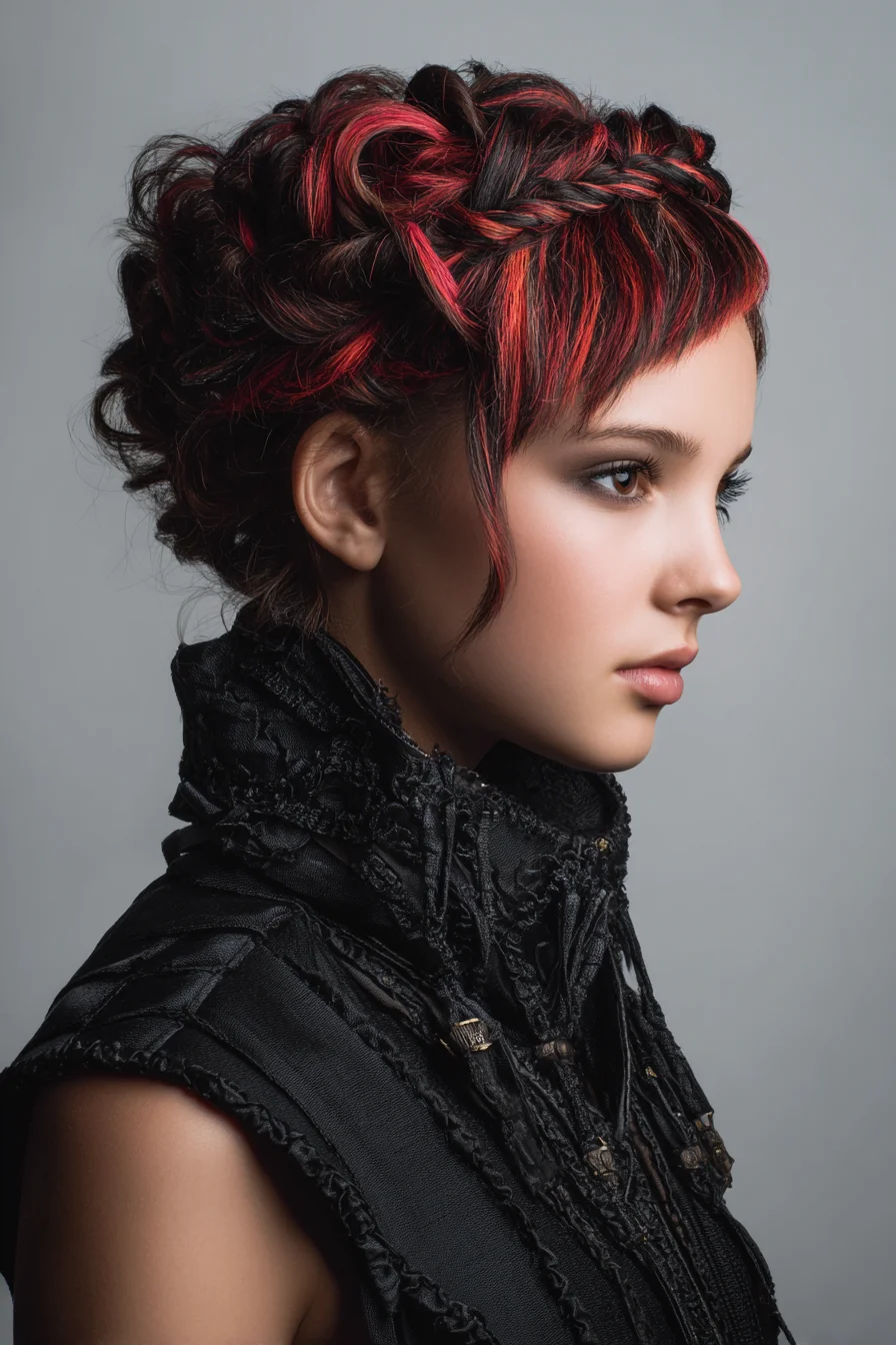 Textured Braided Updo with Red Peekaboo Highlights