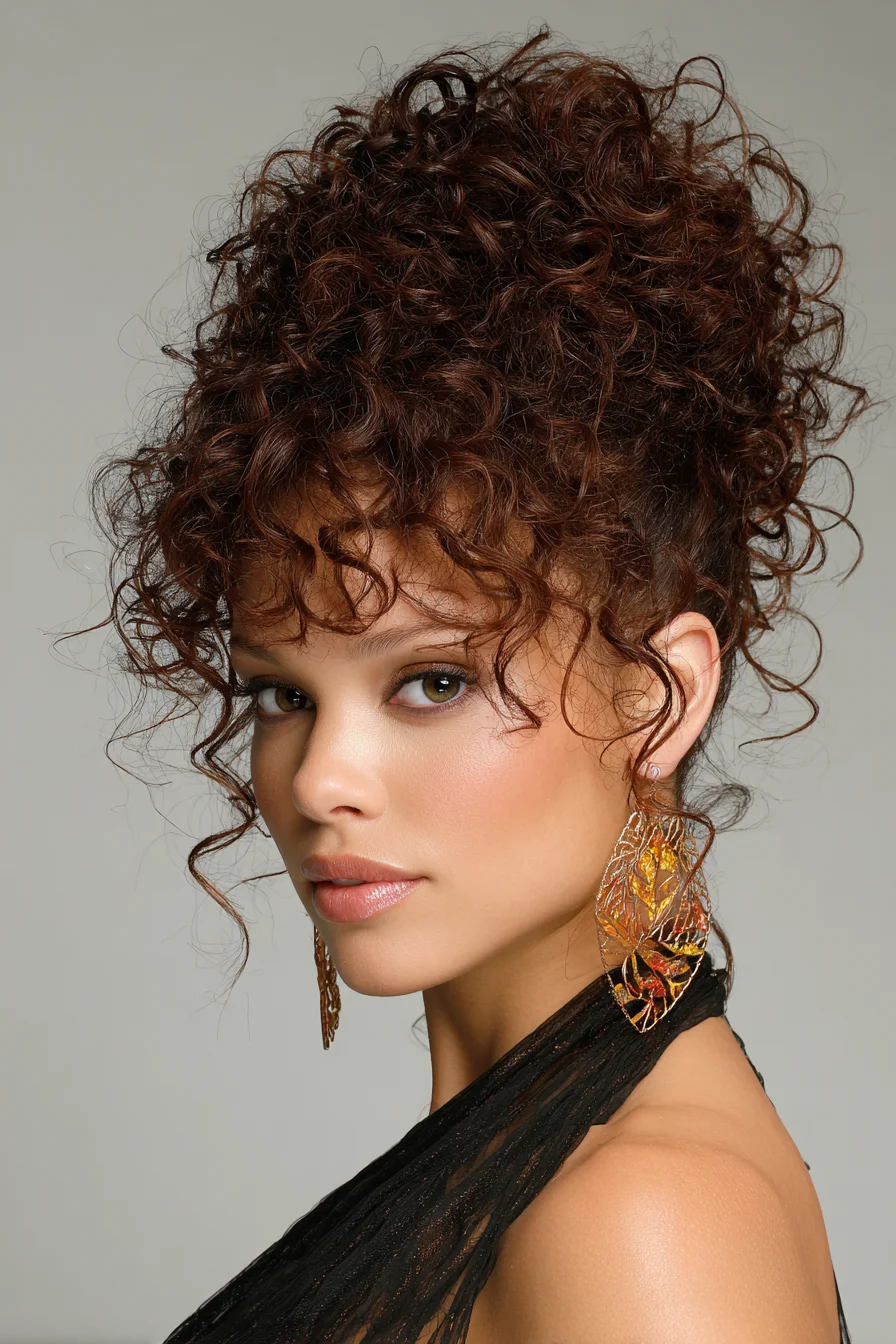 Textured Curly High Updo with Face-Framing Curls