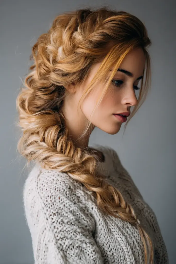 Woman with a fishtail braid worn over one shoulder