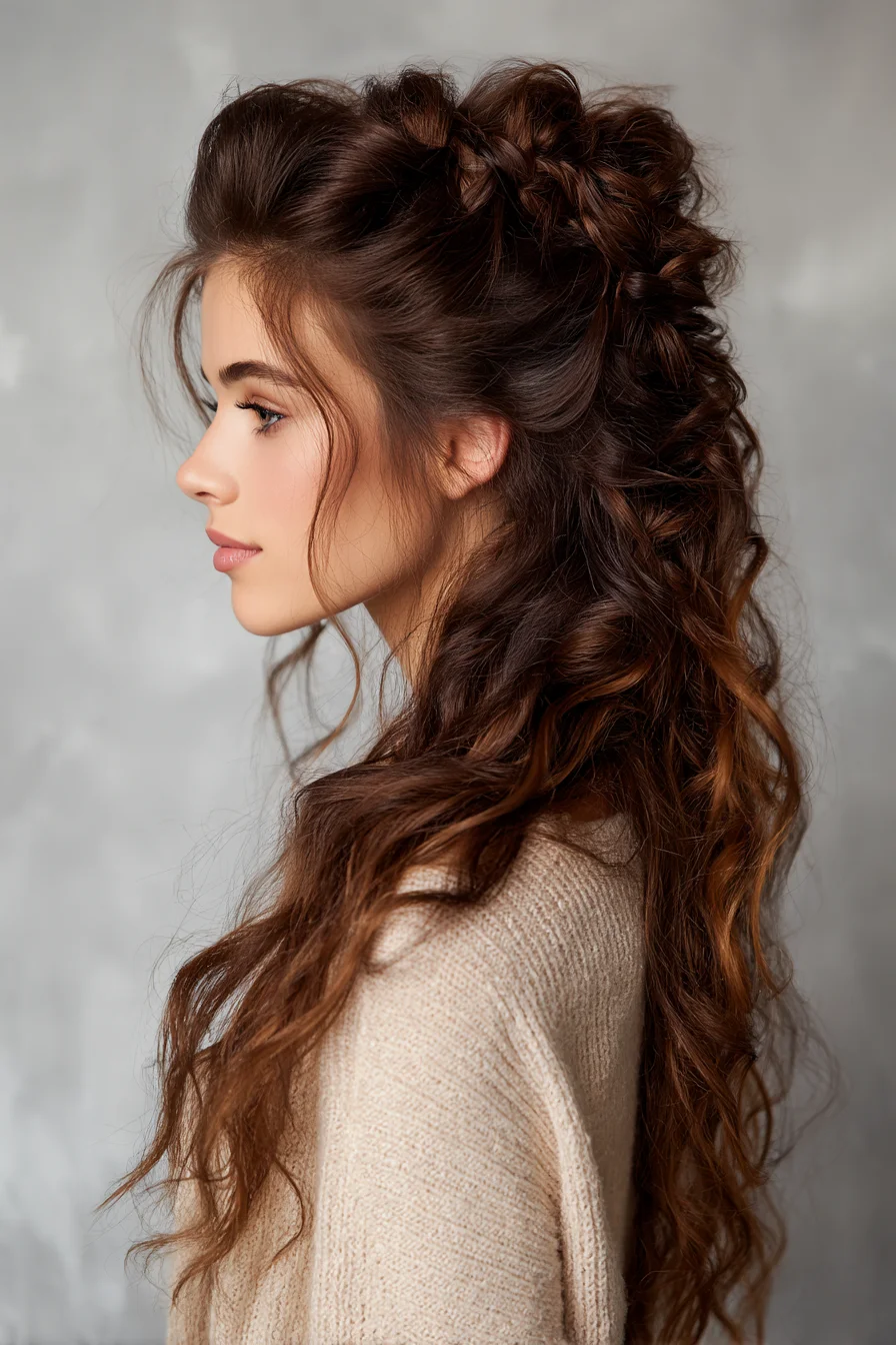 Textured Half-Up Braided Crown with Loose Beachy Waves