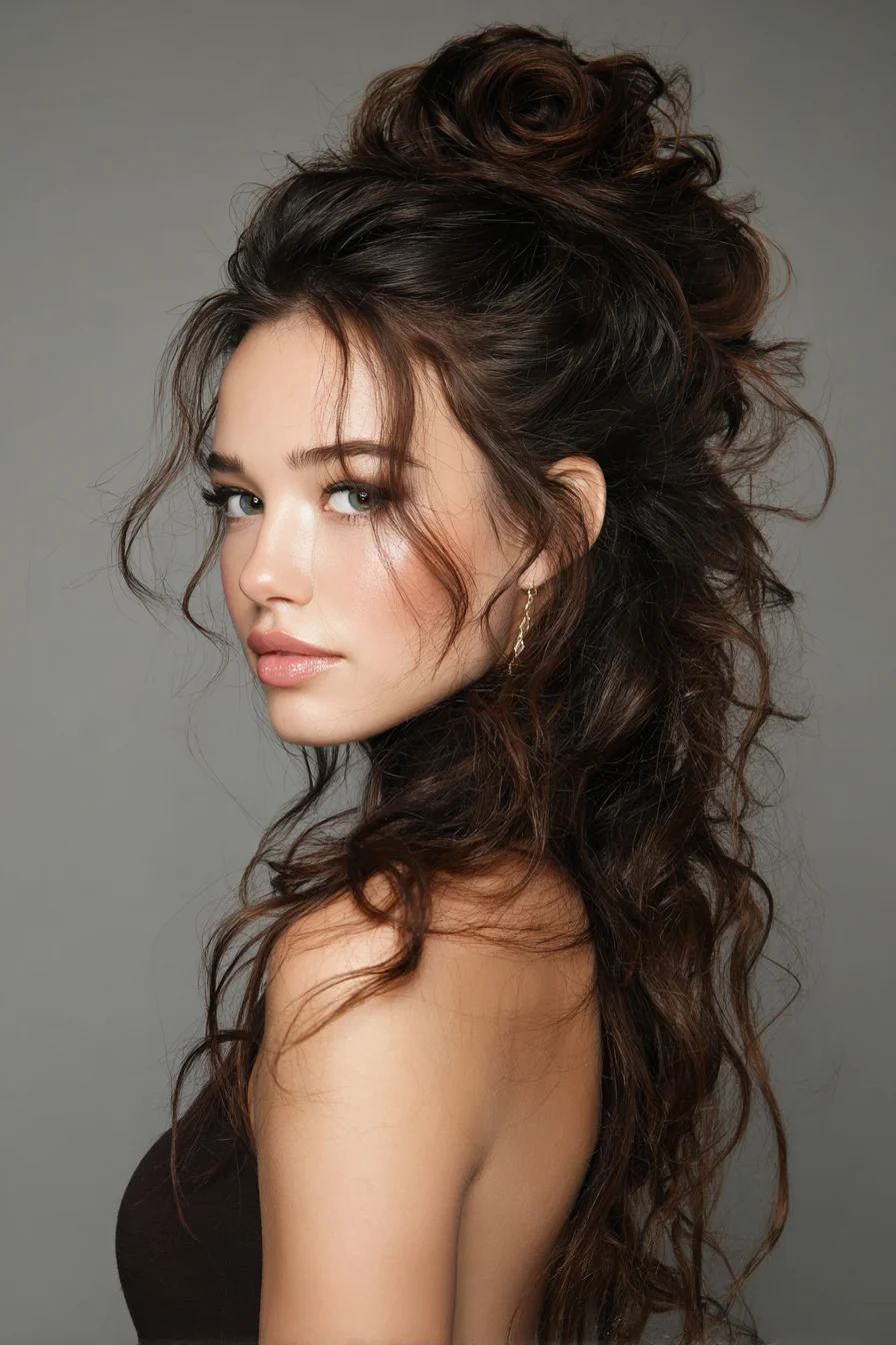 Textured Half-Up with Messy Top Knot and Face-Framing Waves