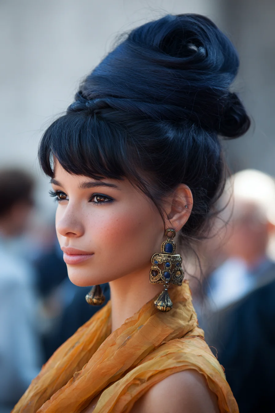 Textured High Rolled Bun with Soft Curtain Bangs