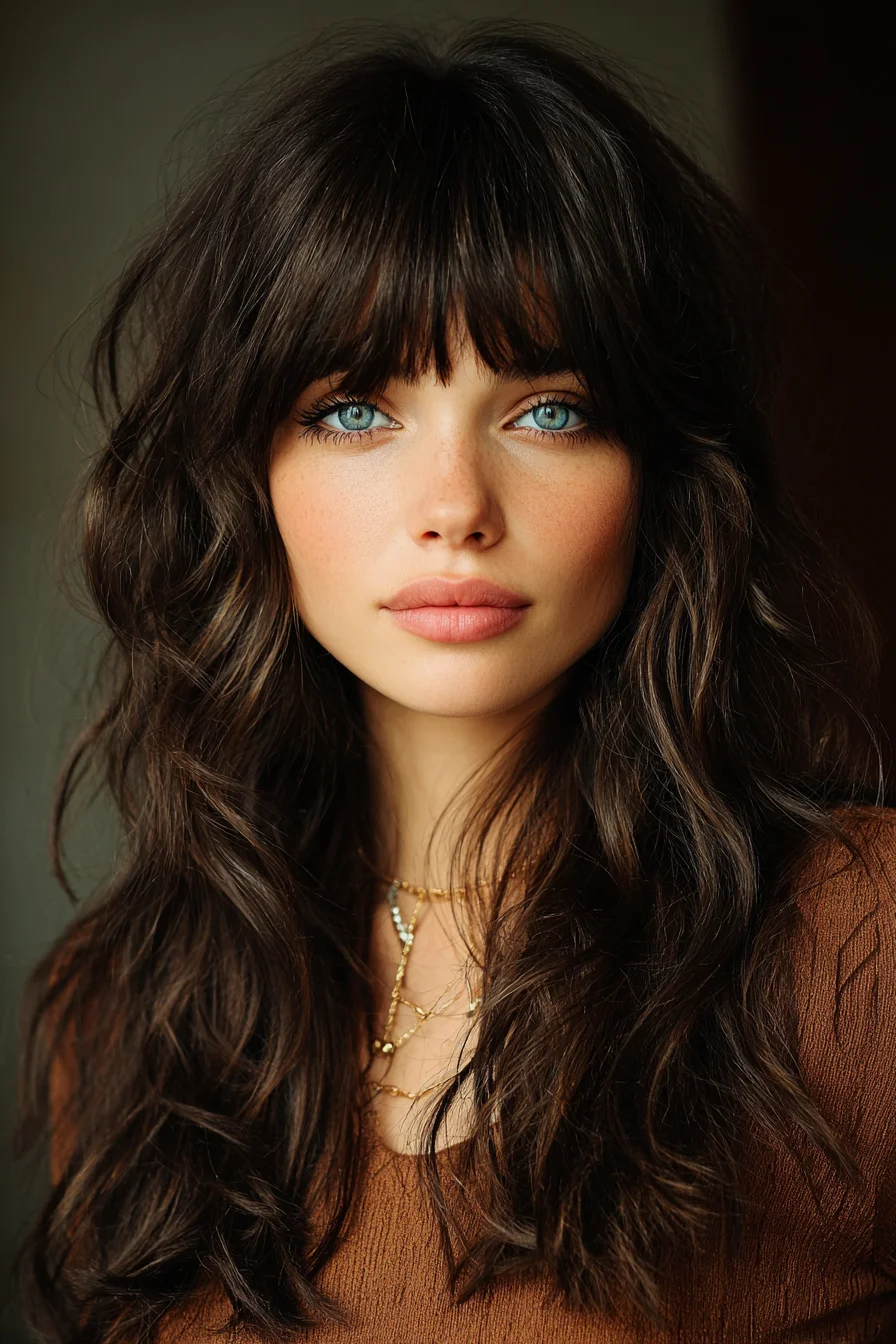Textured Long Layers with Soft Beachy Waves and Bangs
