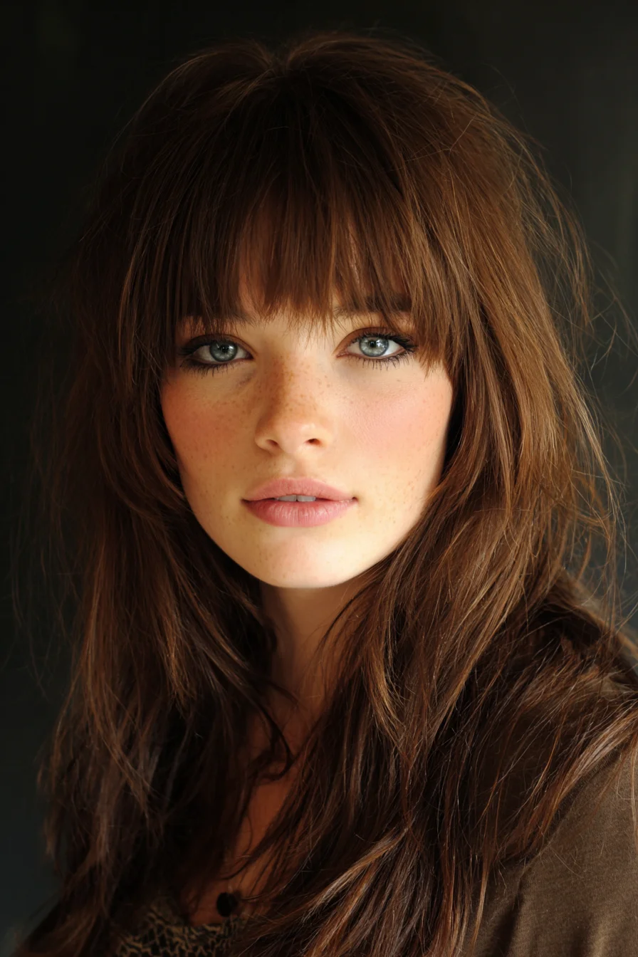 Textured Long Layers with Soft, Tousled Blunt Bangs