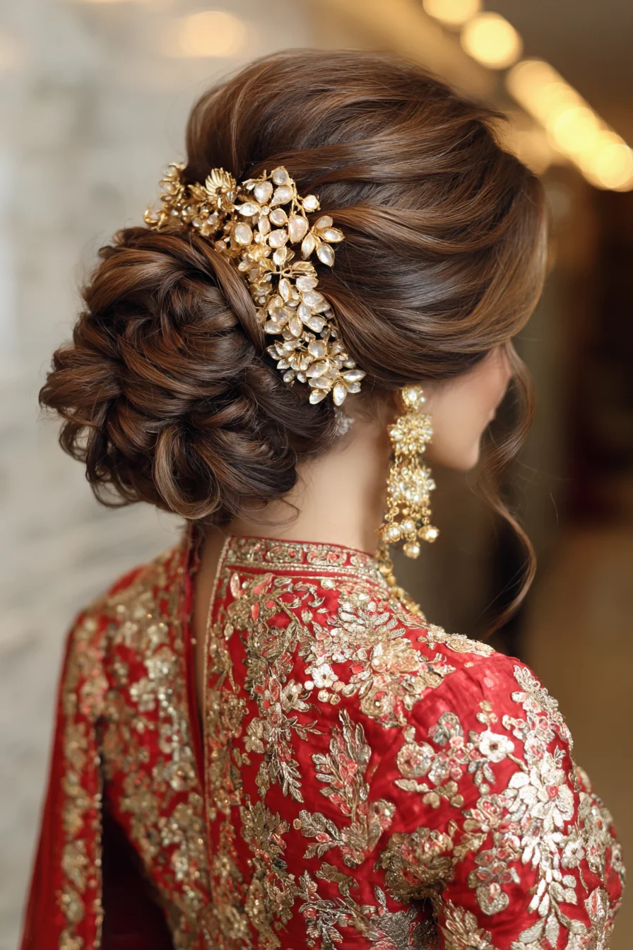 Textured Low Bun with Gold Floral Accessory for Events