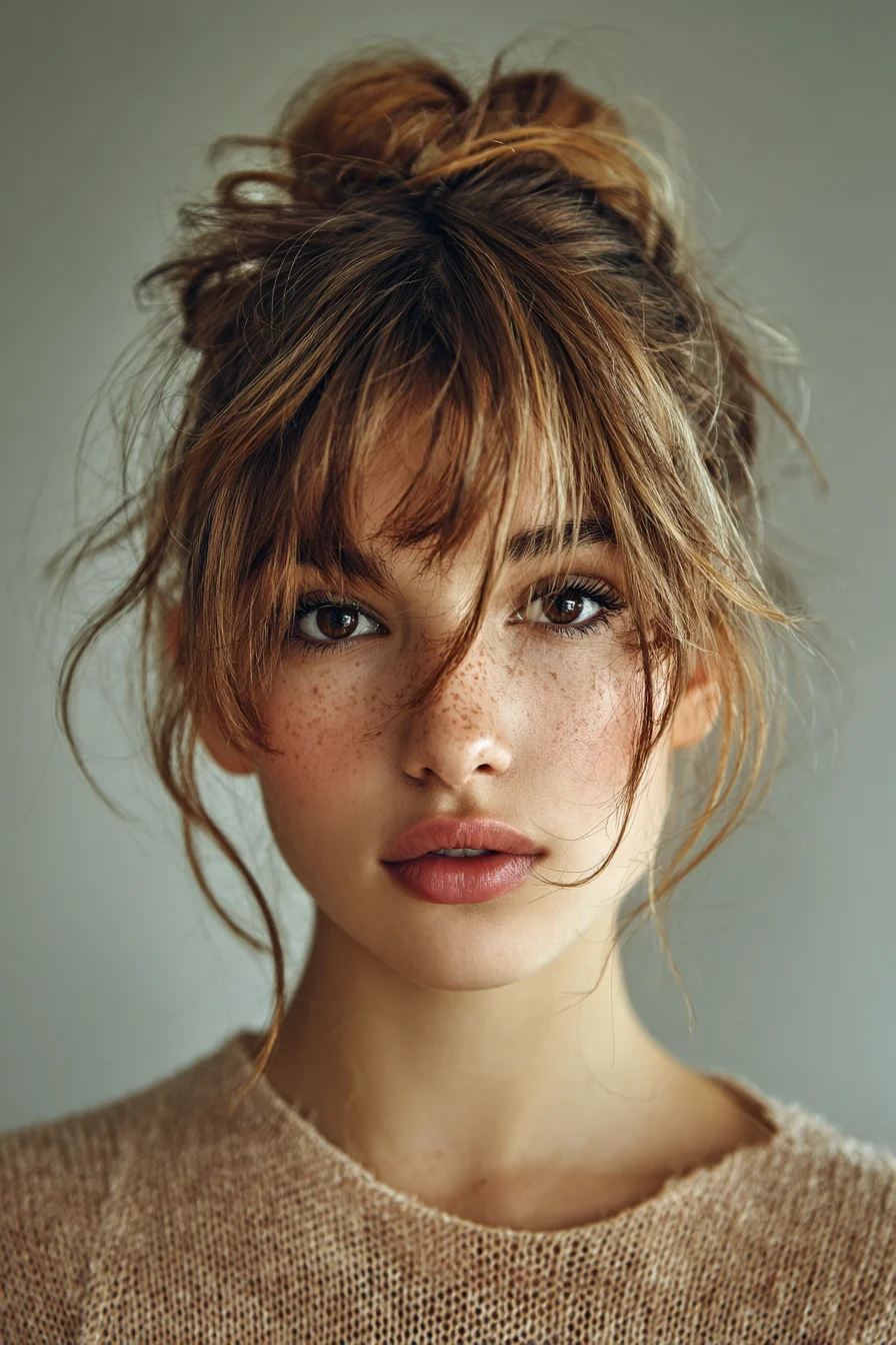Textured Messy Bun with Curtain Bangs for Everyday