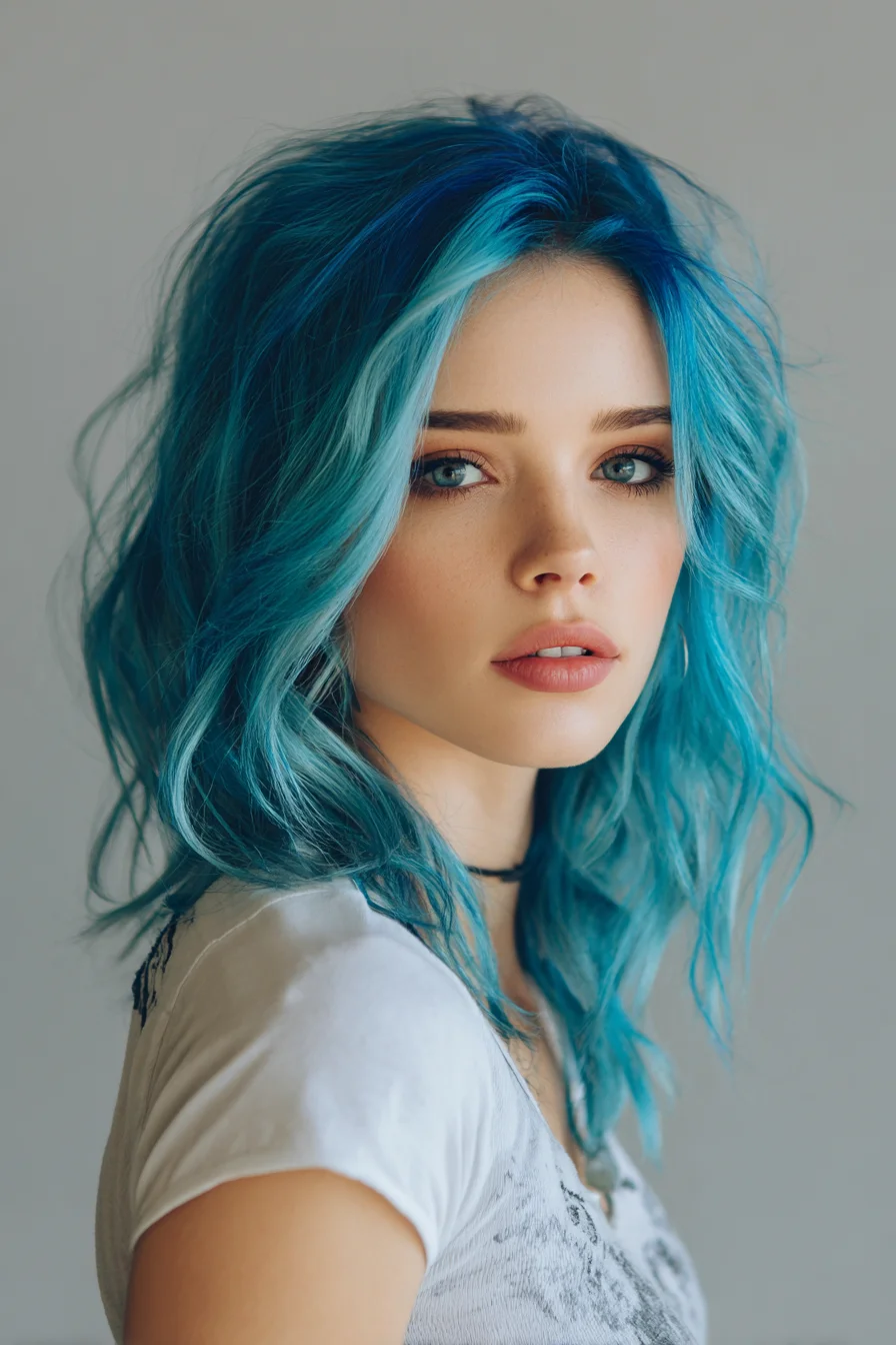 Textured Messy Lob in Vibrant Blue for Volume