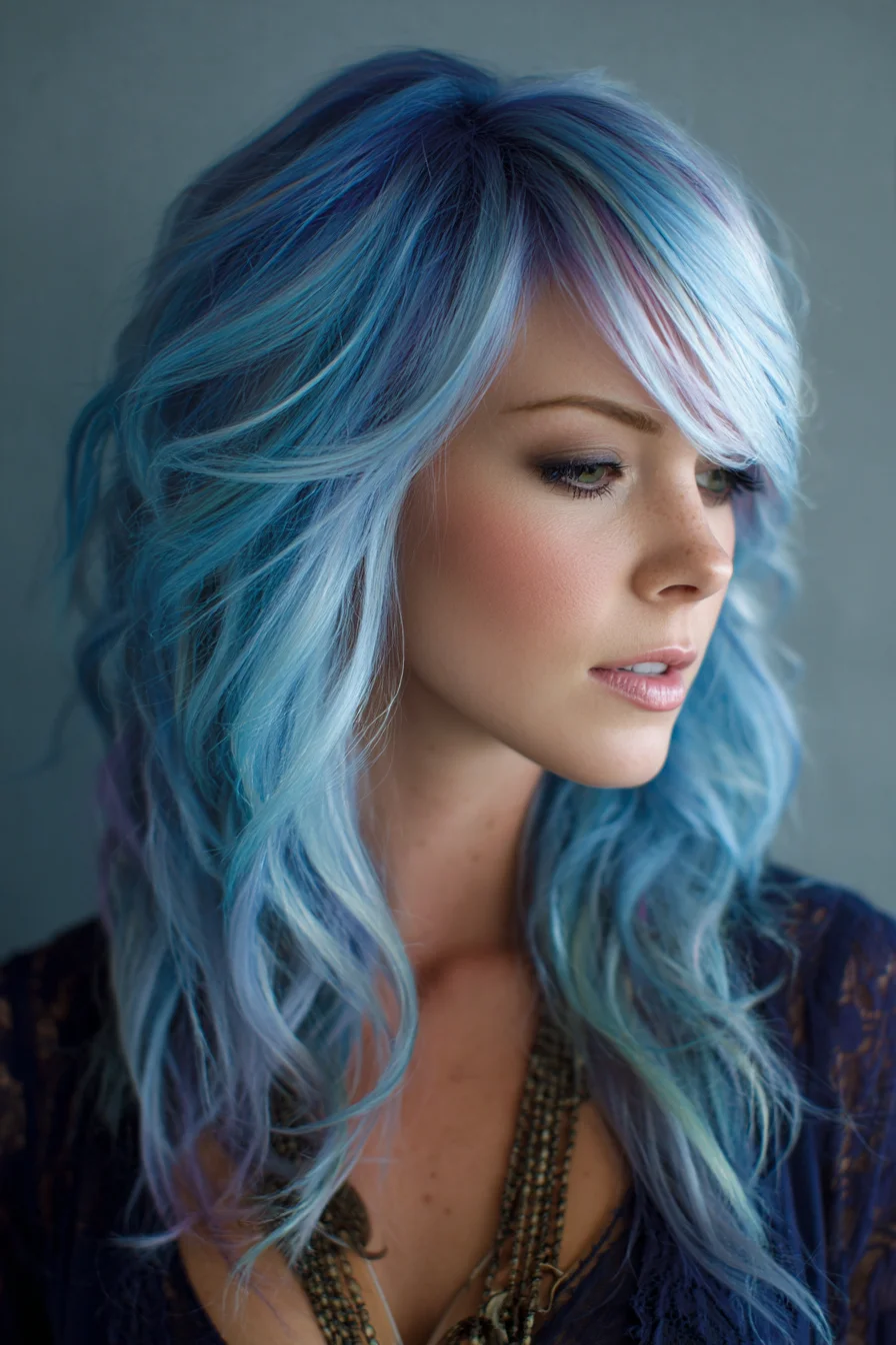 Textured Ocean-Blue Layers with Soft Side Bangs