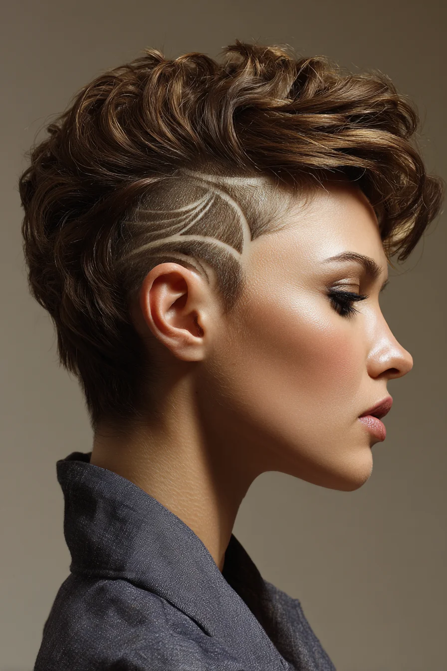 Textured Pixie Faux-Hawk with Intricate Shaved Side Design