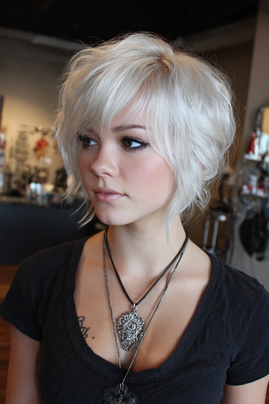 Textured Platinum Pixie-Shag with Piecey Side Bangs