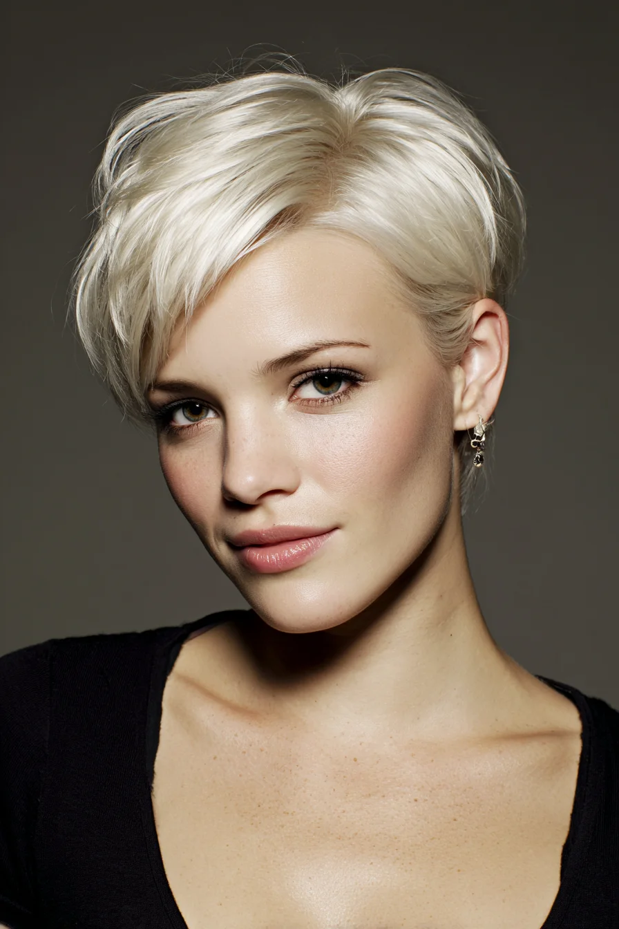 Textured Platinum Pixie: Soft Side-Swept Short Cut