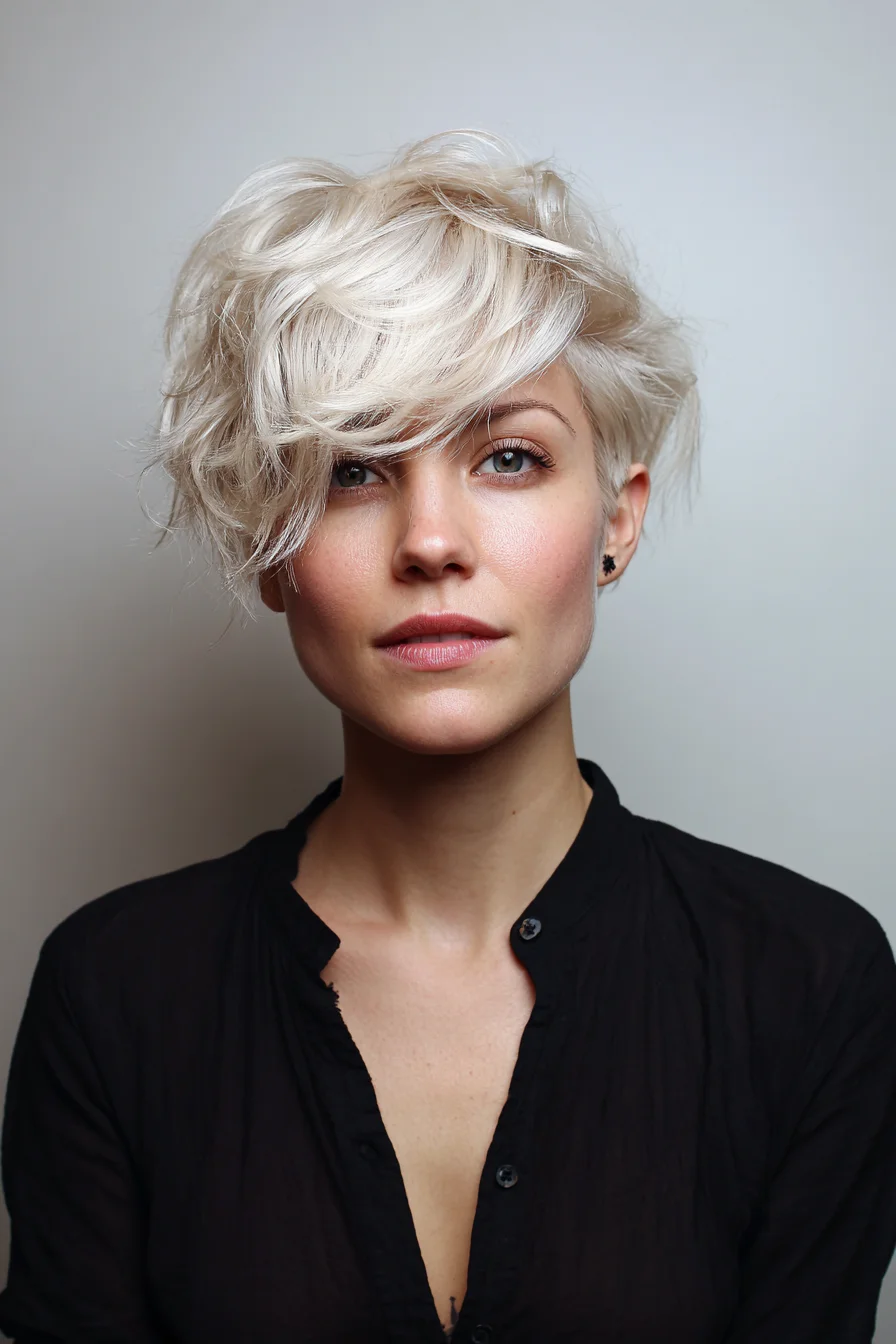 Textured Platinum Pixie with Long Side Bangs Style