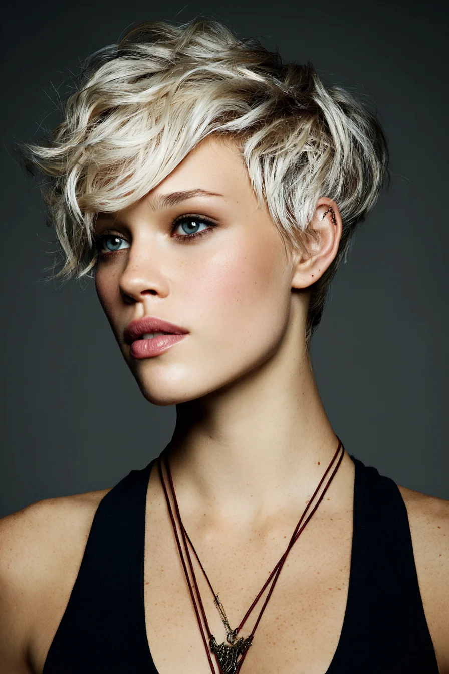 Textured Platinum Pixie with Long Side-Swept Bangs
