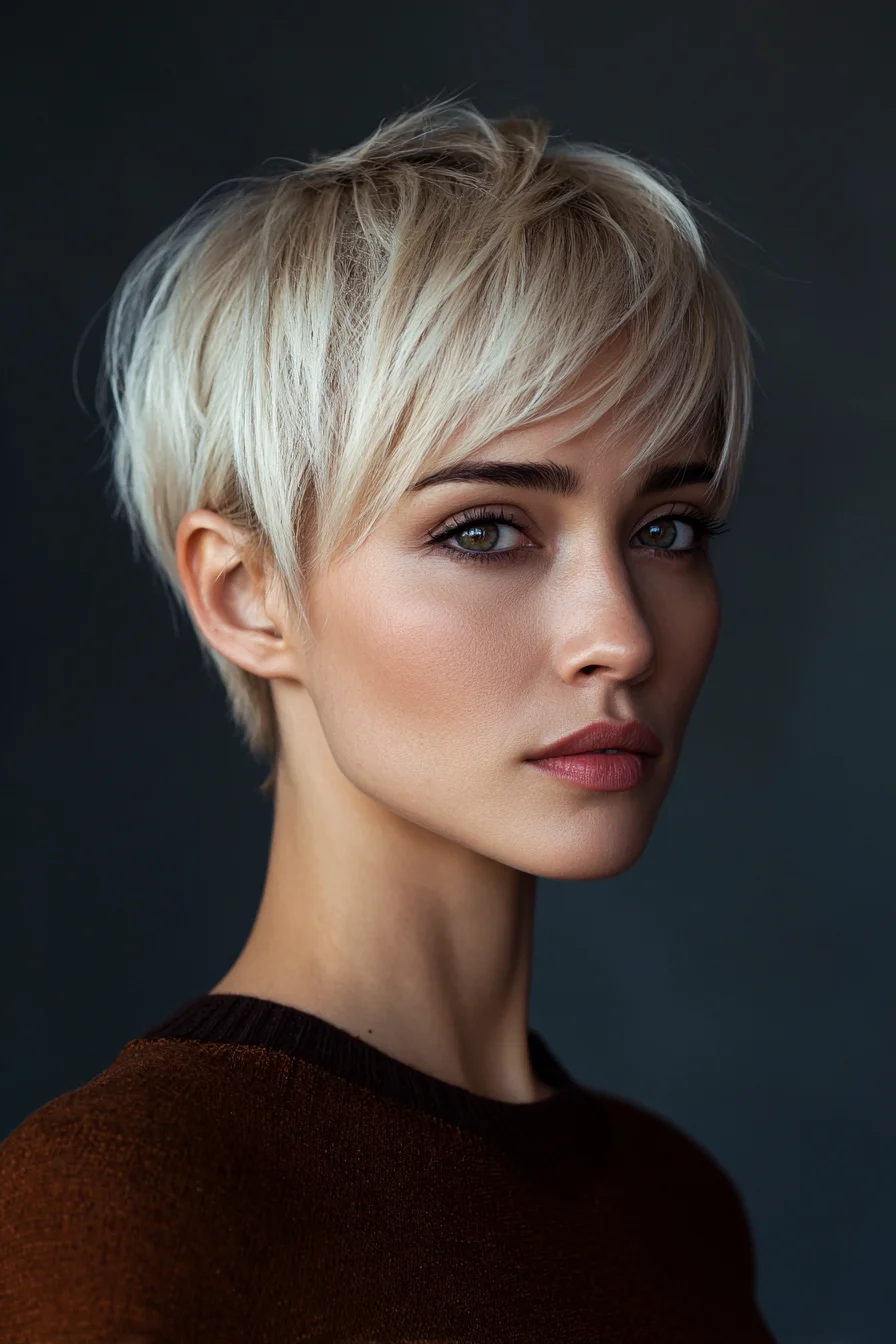 Textured Platinum Pixie with Soft Side Fringe Look