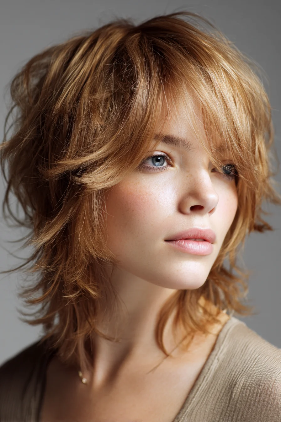 Textured Shag for Fine Hair with Soft Curtain Bangs