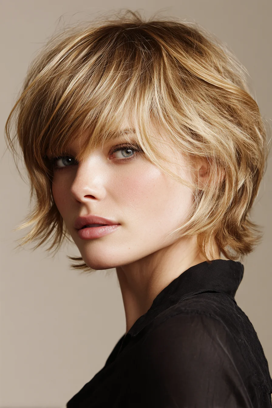 Textured Shaggy Short Cut with Curtain Bangs for Volume
