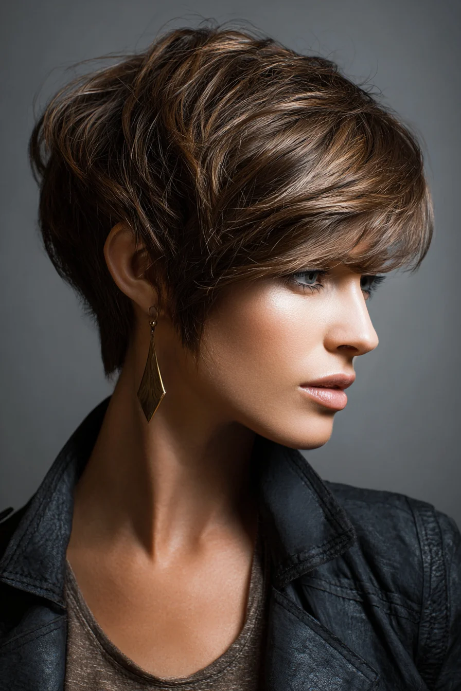 Textured Short Pixie with Long Side-Swept Fringe and Volume