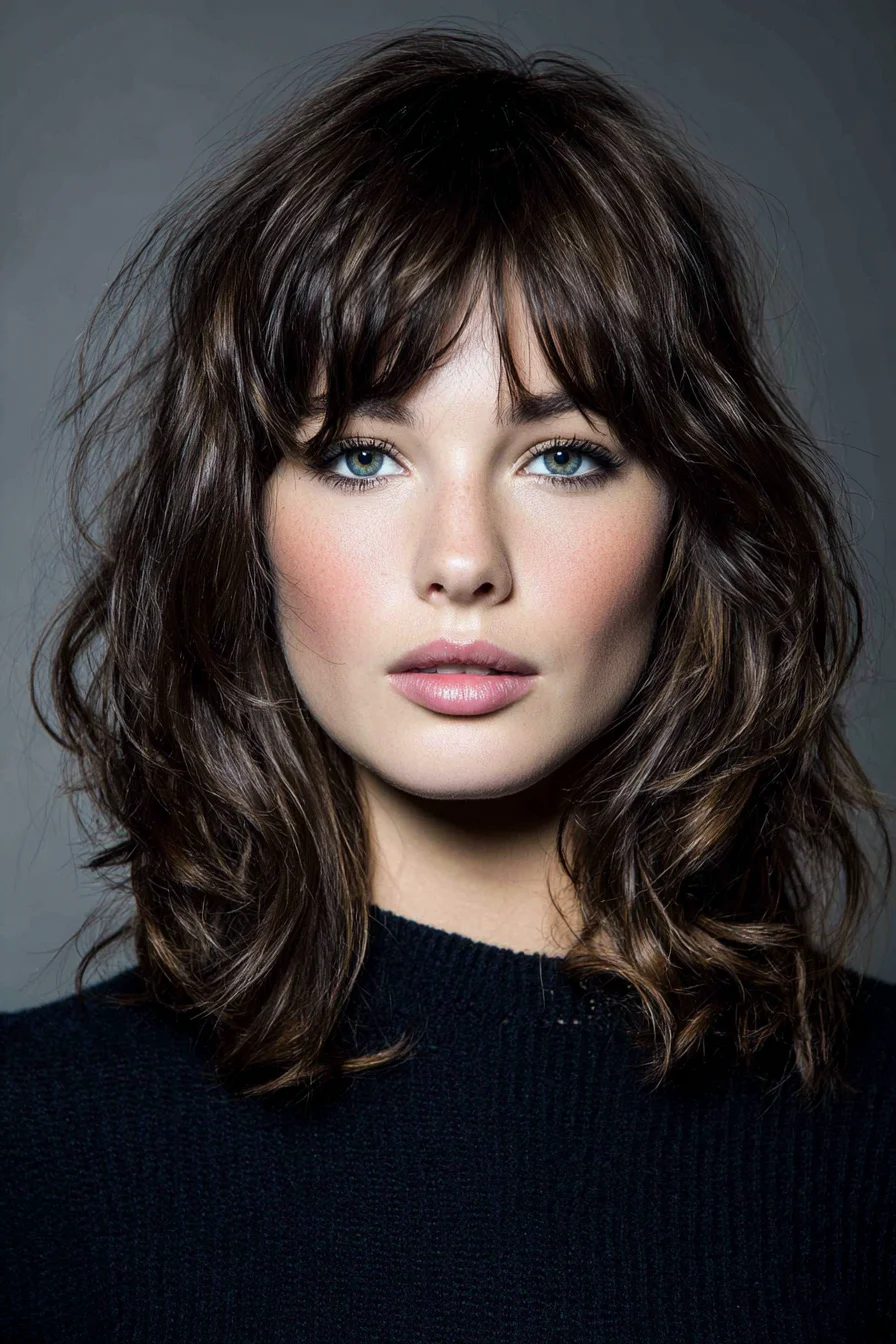 Textured Shoulder-Length Shag with Soft Curtain Bangs