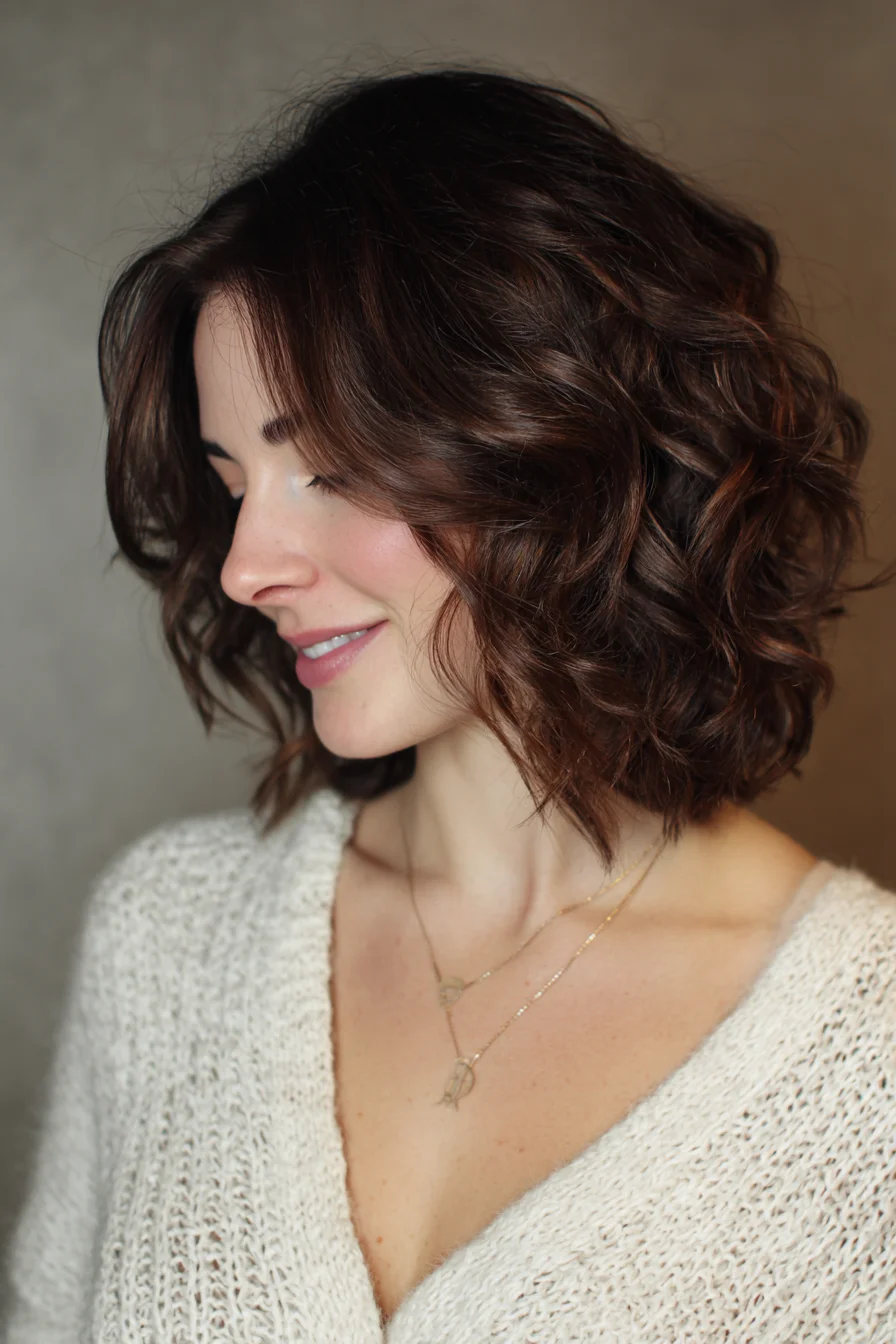 Textured Wavy Bob with Soft Curtain Bangs for Everyday