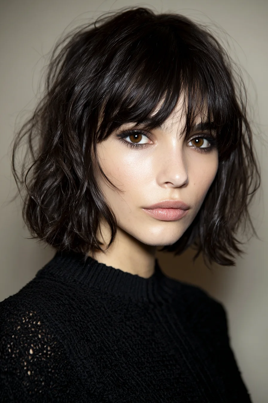 Tousled Chin-Length Bob with Curtain Bangs for Texture