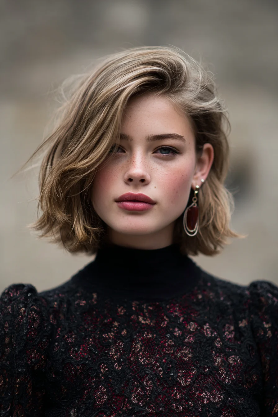 Tousled Chin-Length Bob with Side-Swept Volume and Texture