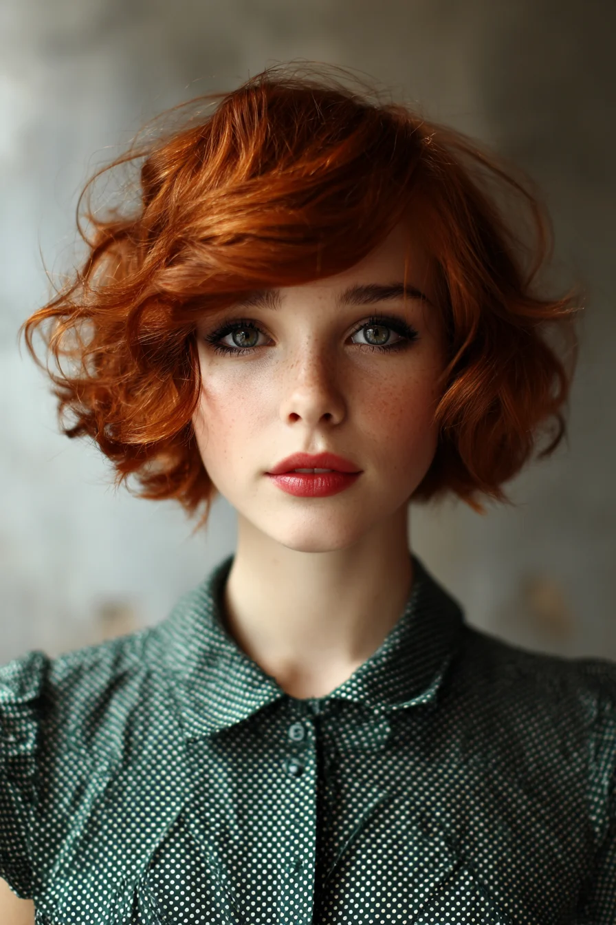Tousled Copper Bob with Side-Swept Bangs for Volume