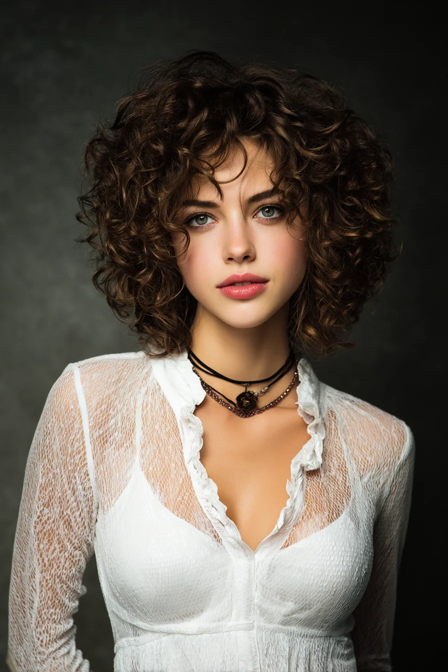 Tousled Curly Bob with Face-Framing Bangs and Volume