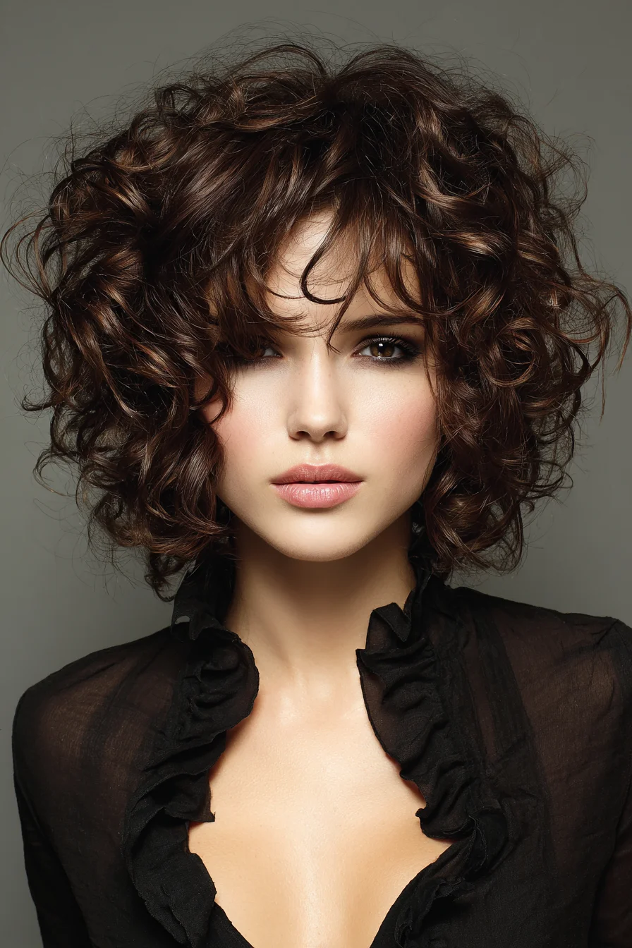 Tousled Curly Bob with Wispy Bangs for Short Thick Hair