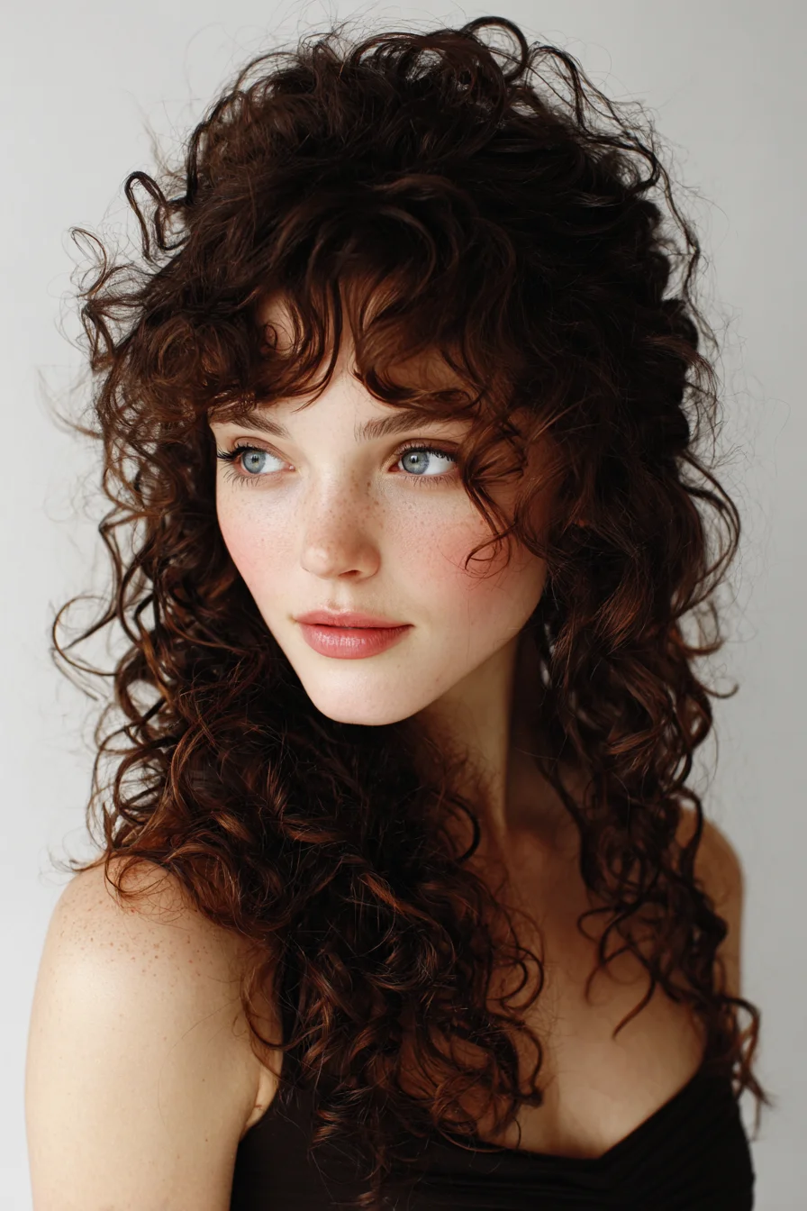 Tousled Curly Layers with Short Curtain Bangs for Volume
