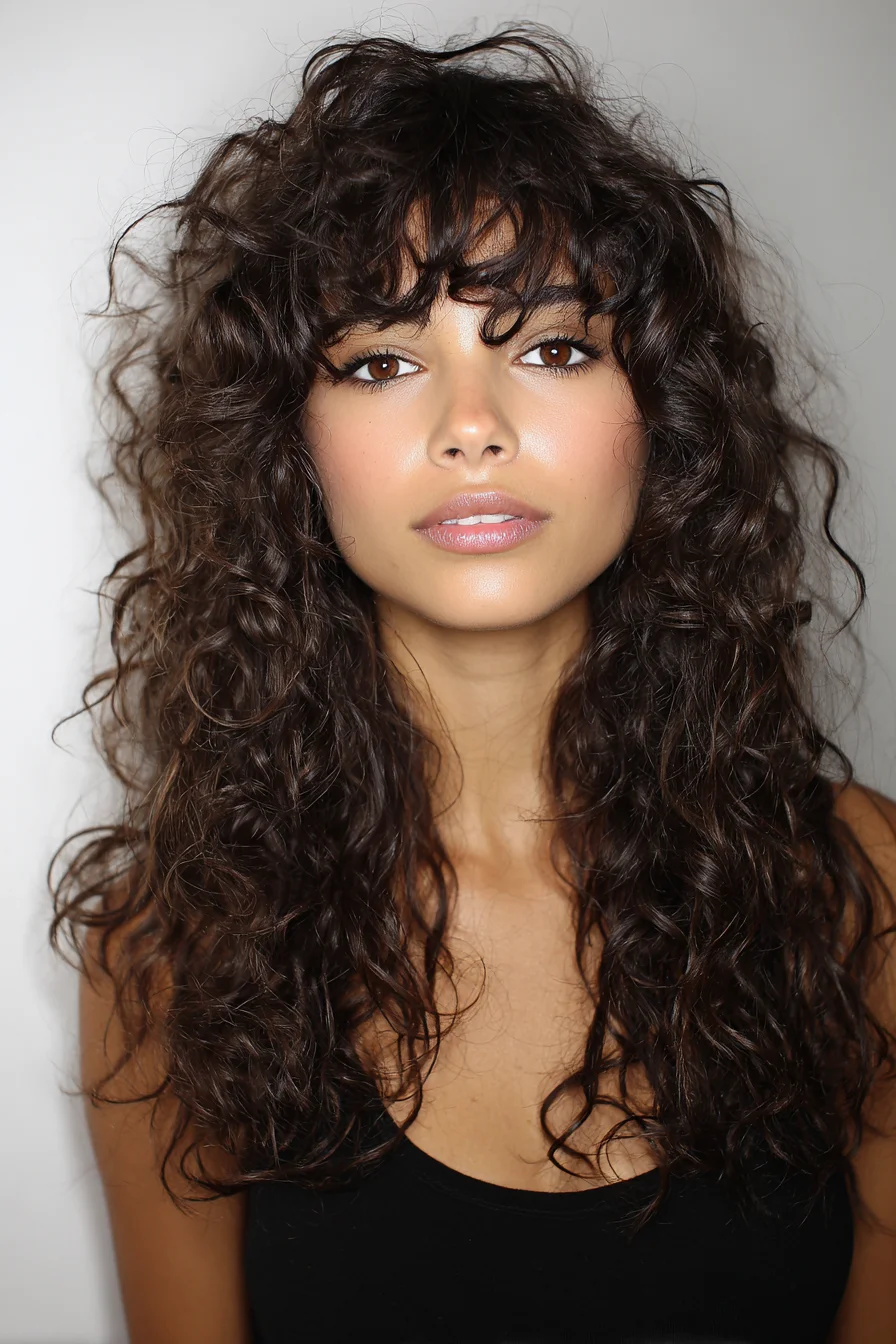 Tousled Curly Layers with Soft Curtain Bangs and Fringe