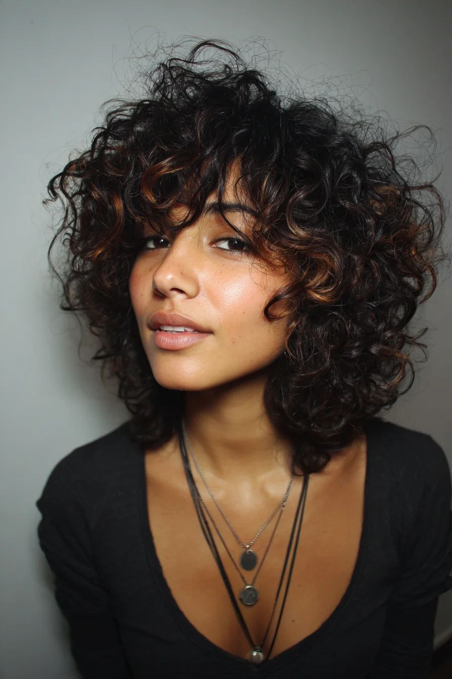 Tousled Curly Shag with Curtain Bangs and Choppy Layers