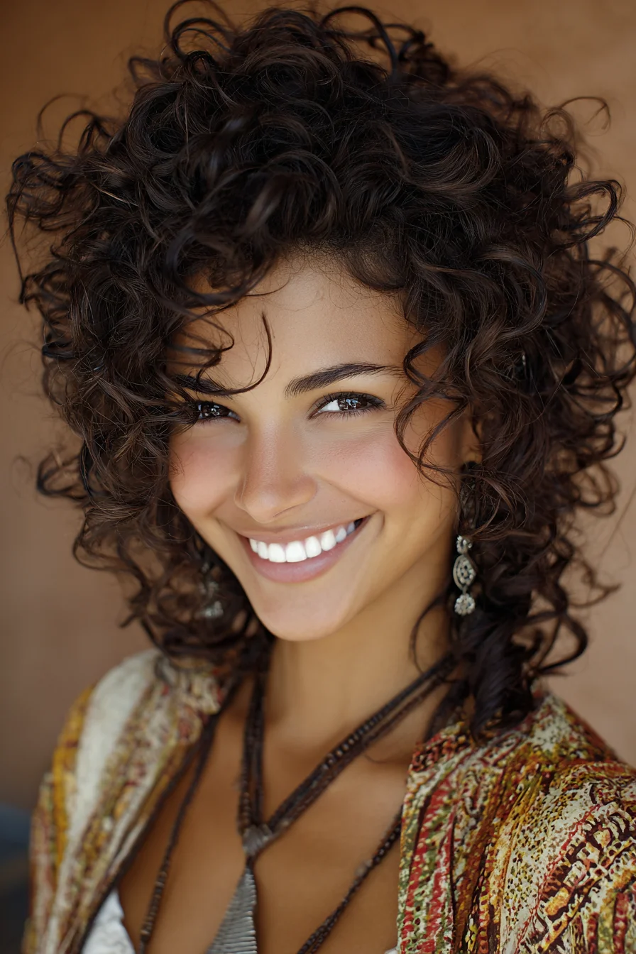 Tousled Curly Shag with Face‑Framing Layers and Bangs