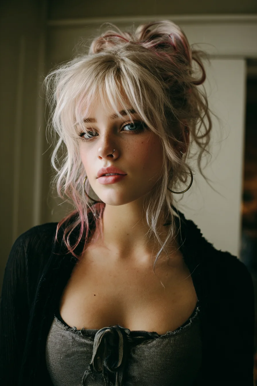 Tousled High Bun with Curtain Bangs and Pastel Streaks