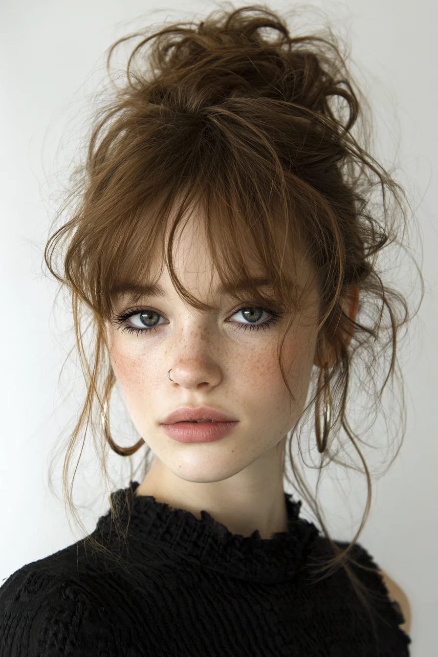 Tousled High Bun with Curtain Bangs for Soft Texture