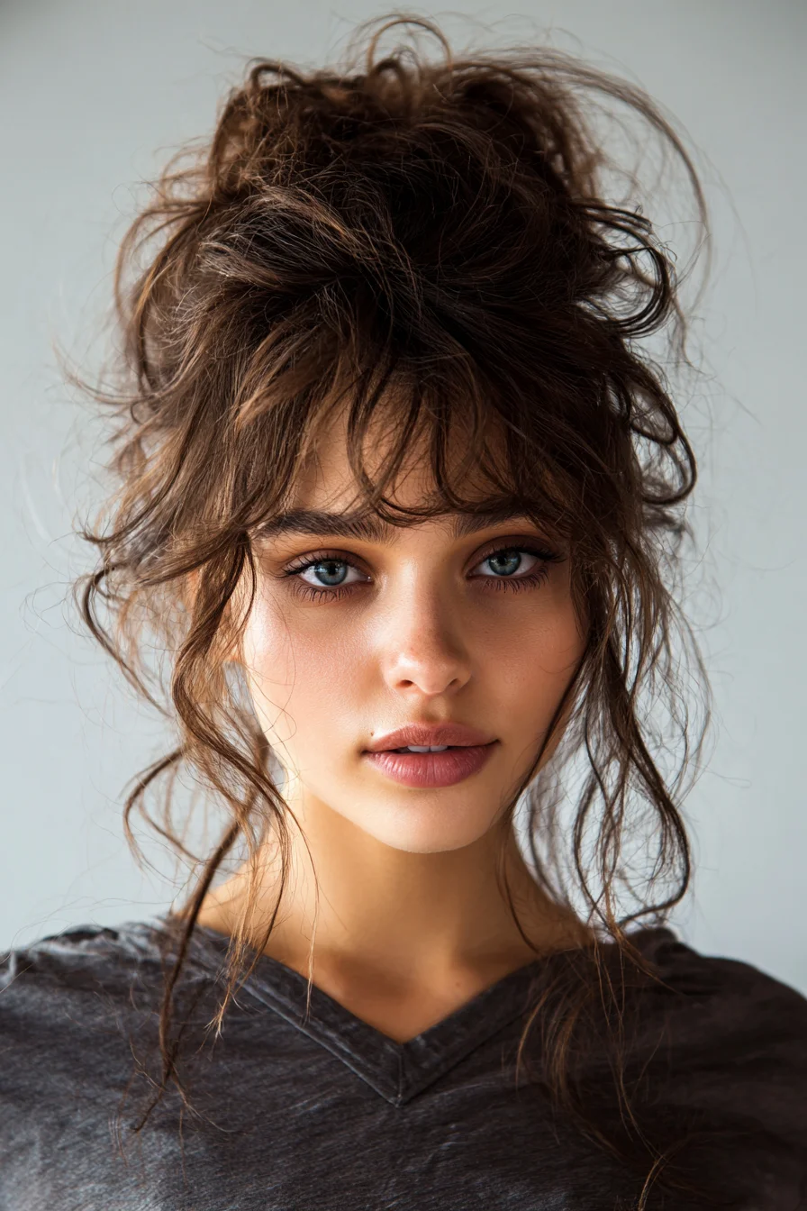 Tousled High Messy Bun with Face-Framing Pieces