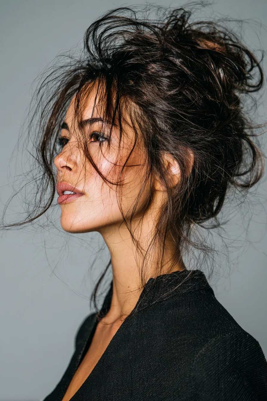 Tousled High Messy Bun with Soft Face-Framing Strands