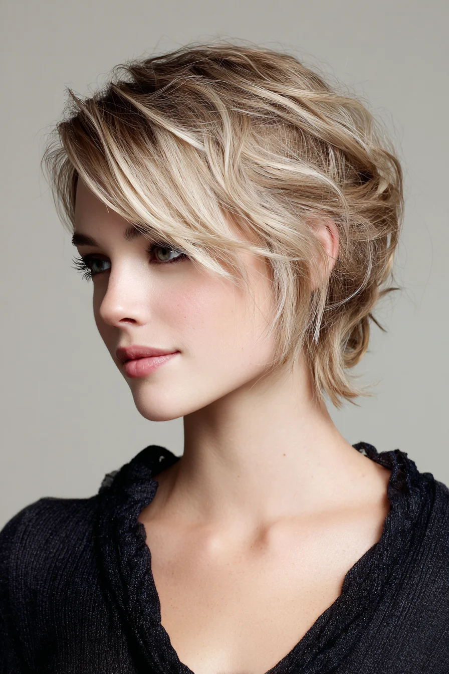 Tousled Layered Pixie-Bob with Side-Swept Fringe