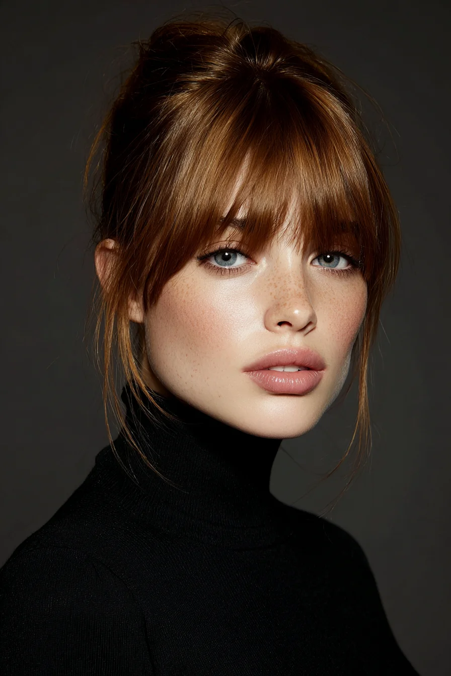 Tousled Low Messy Bun with Curtain Bangs and Flyaways