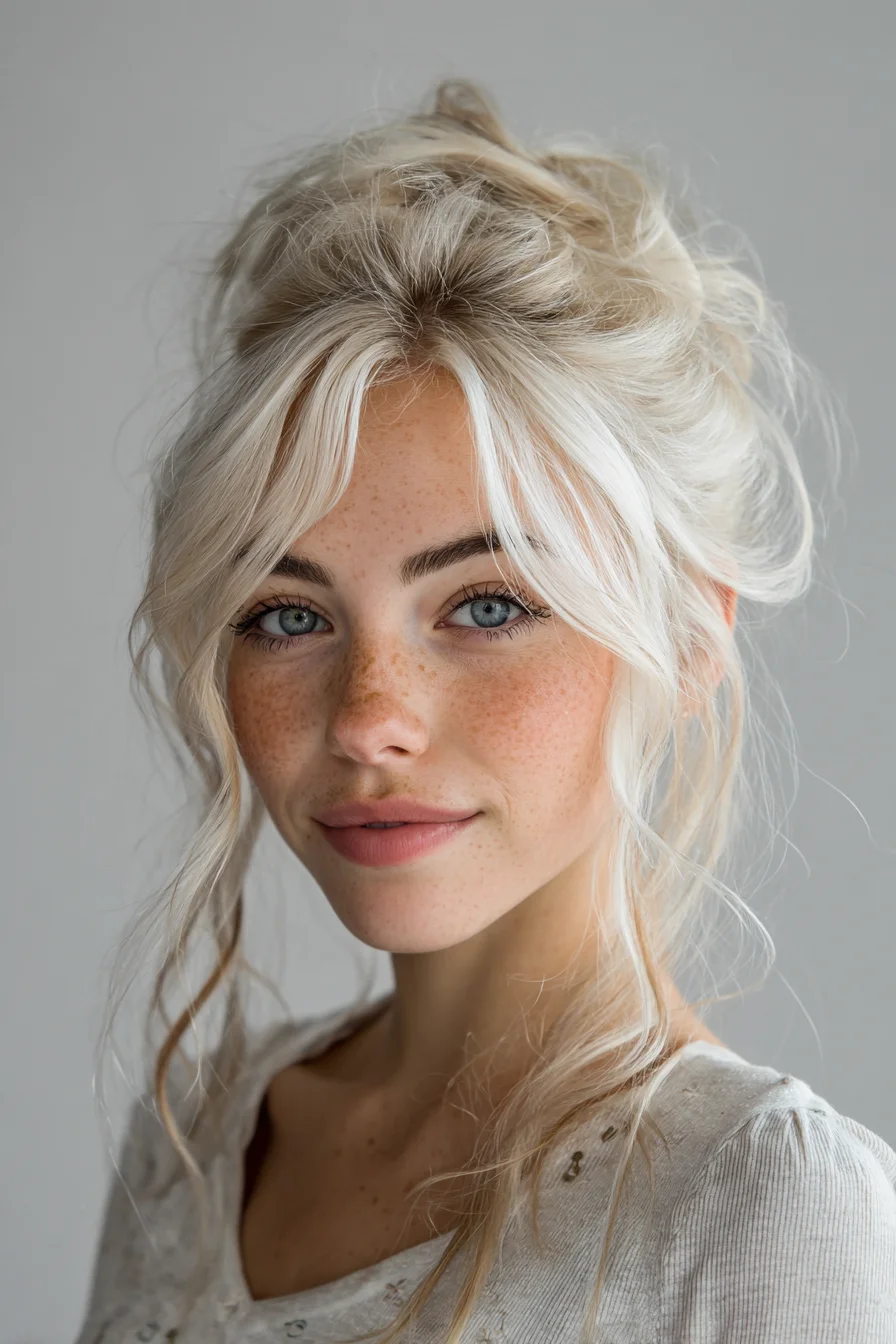 Tousled Messy Bun with Curtain Bangs for Everyday Wear
