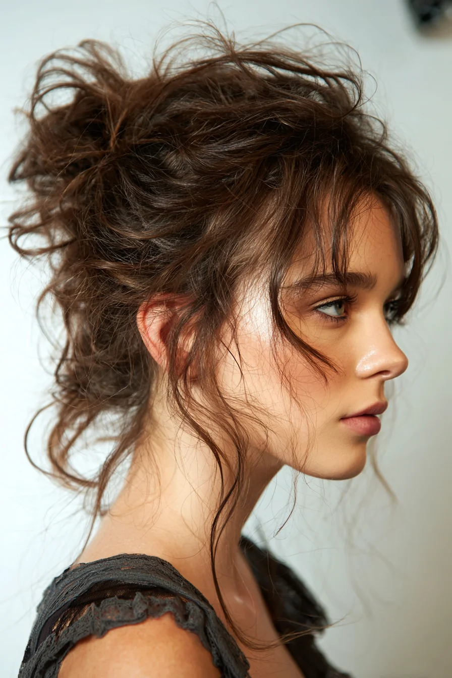 Tousled Messy Bun with Face‑Framing Tendrils for Wavy Hair
