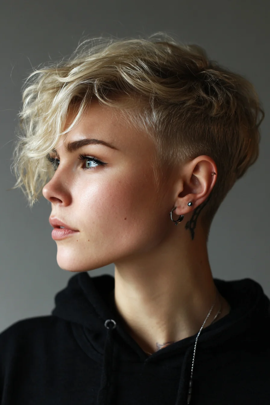 Tousled Pixie Cut with Long Side Fringe and Undercut