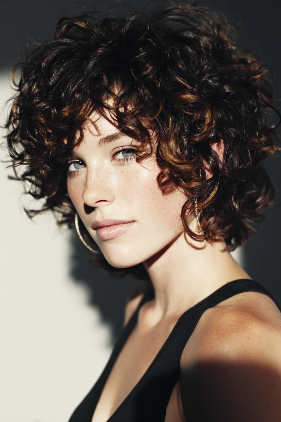 Tousled Short Curly Bob with Face-Framing Layers and Bangs