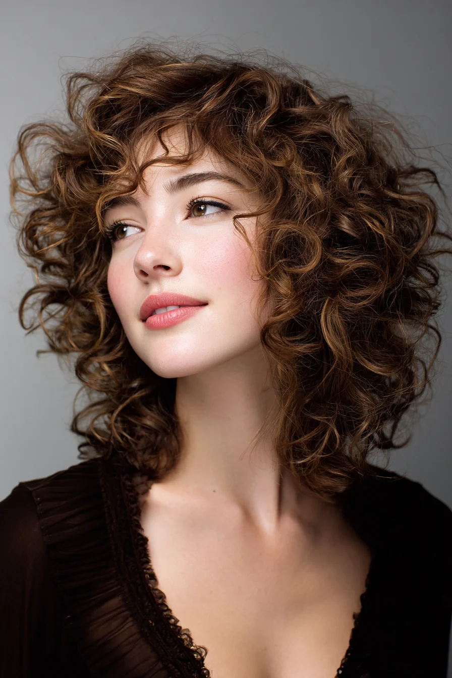 Tousled Shoulder-Length Curls with Feathered Curtain Bangs