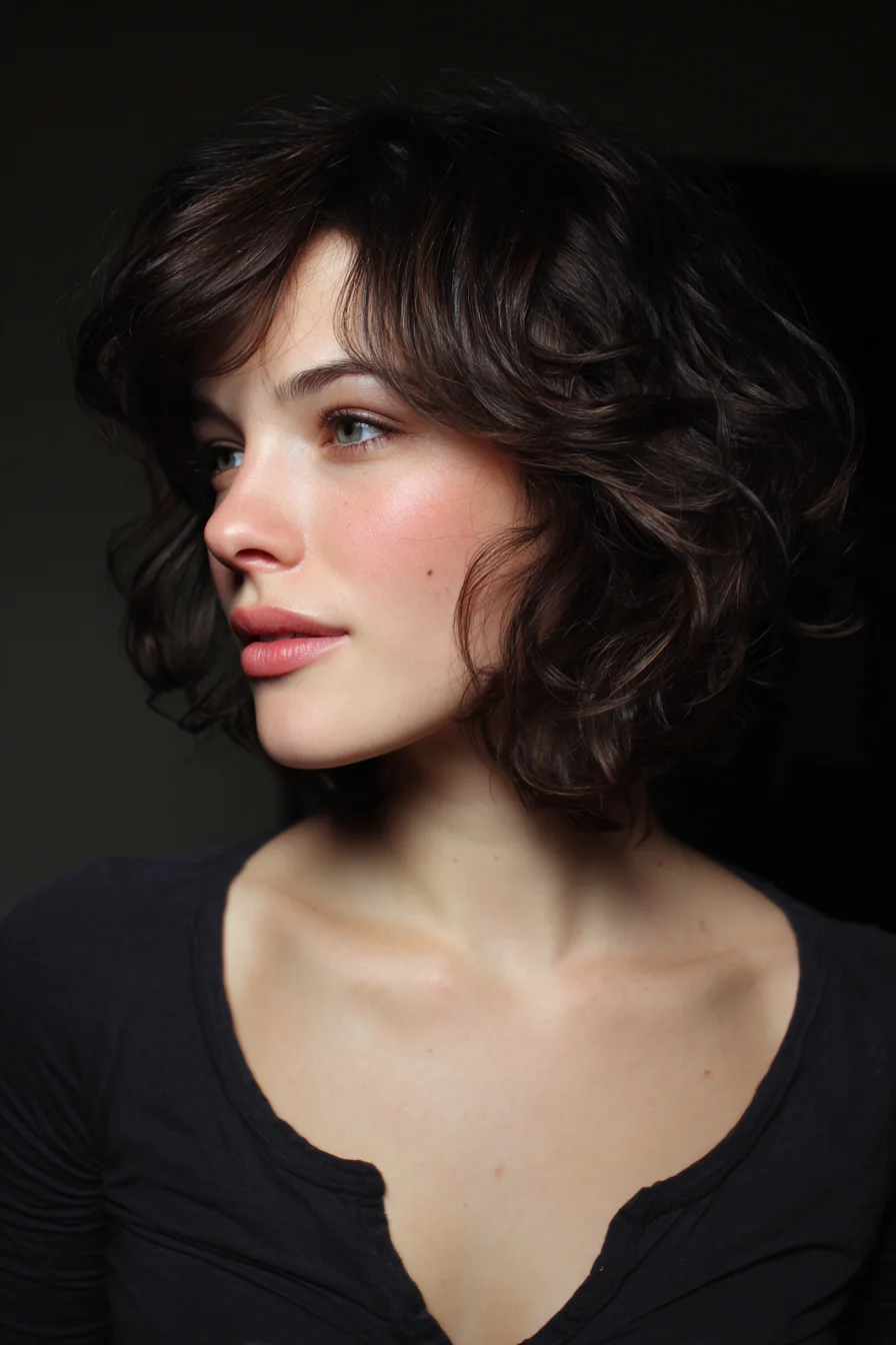 Tousled Wavy Chin-Length Bob with Curtain Fringe and Layers
