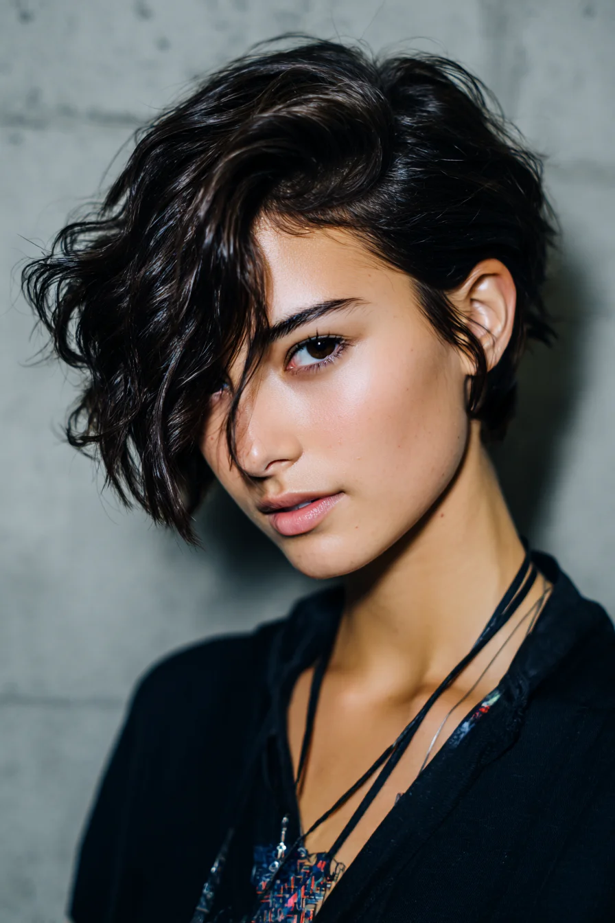 Tousled Wavy Pixie-Bob with Deep Side Sweep for Texture
