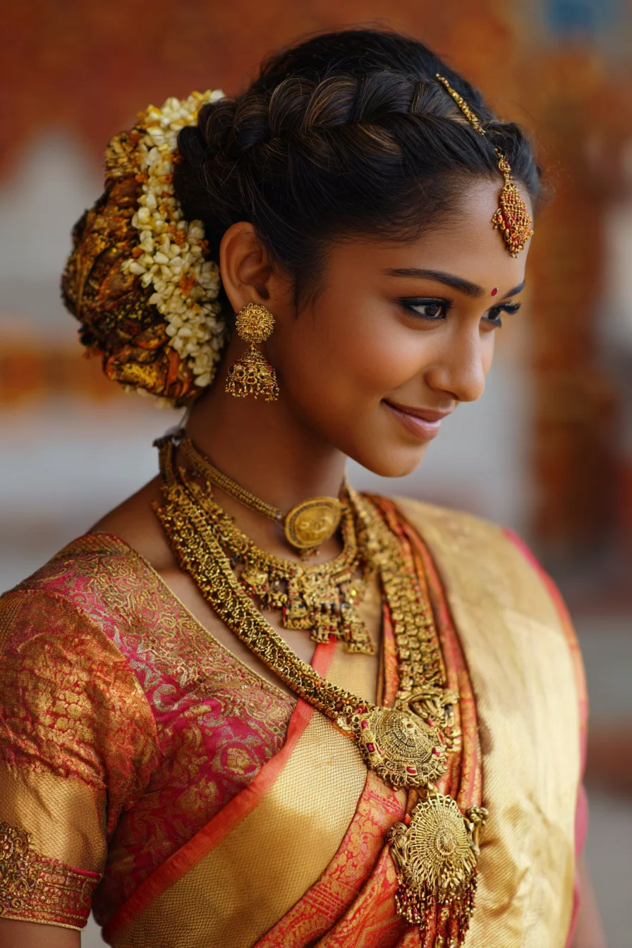 Traditional Braided Bun with Floral Gajra for Weddings