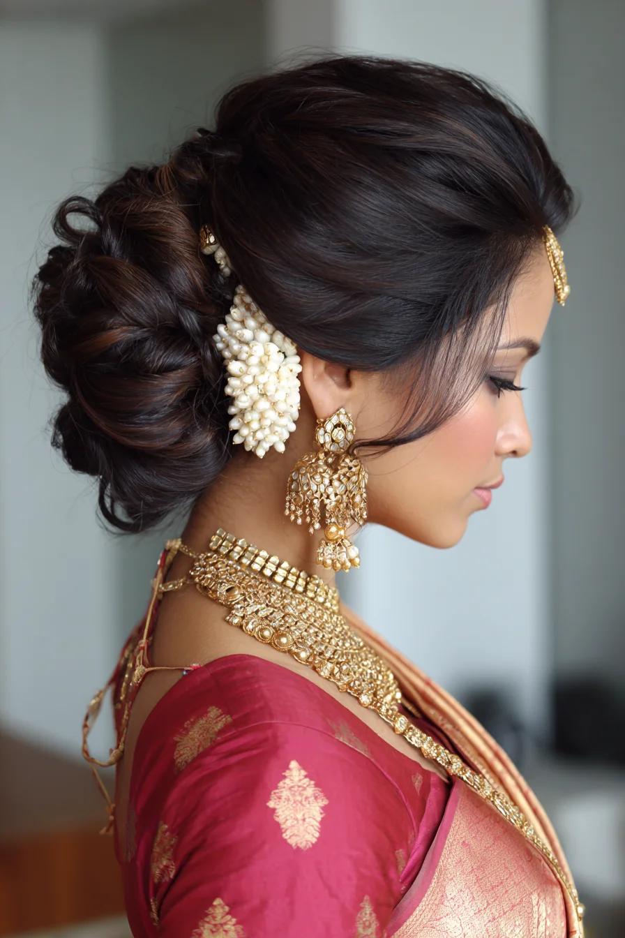 Traditional Low Twisted Bun with Jasmine Gajra and Tendrils