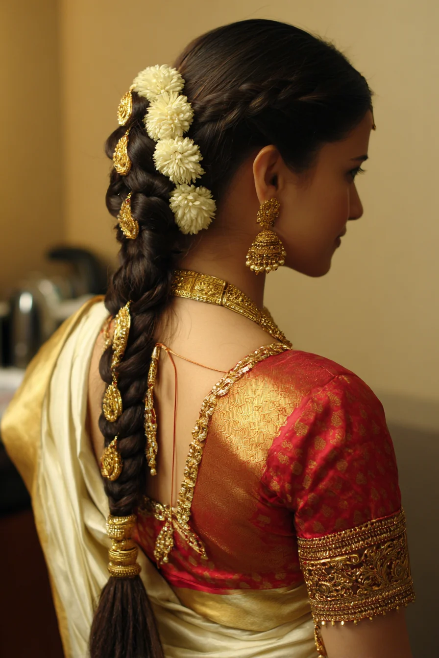 Traditional South Indian Floral Braid with Gold