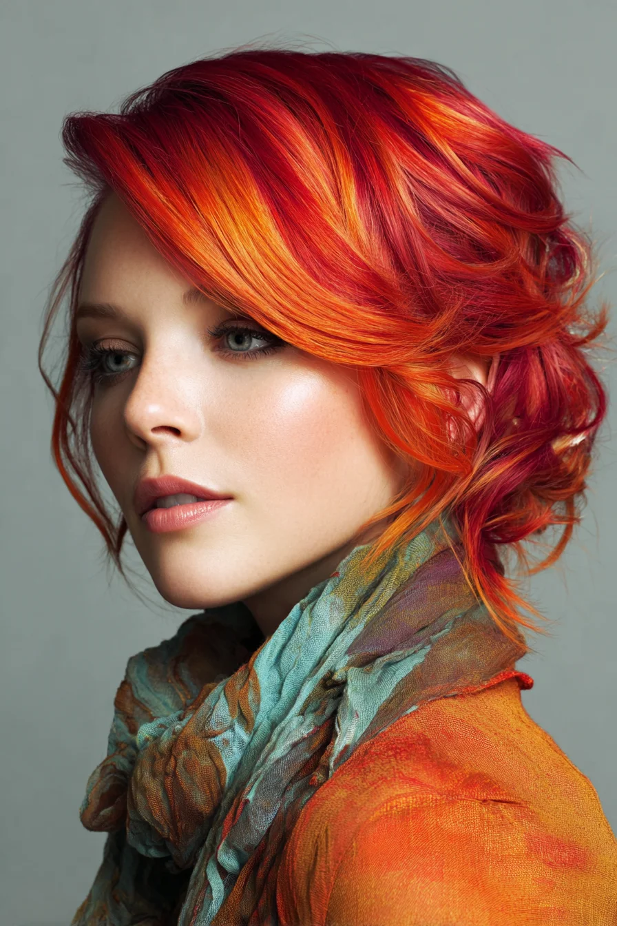 Vivid Copper Textured Chignon with Side-Swept Fringe